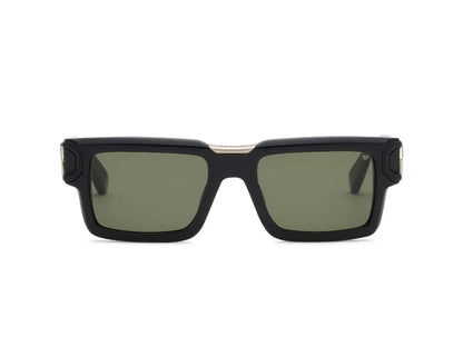 Black sunglasses with green lenses on a white background