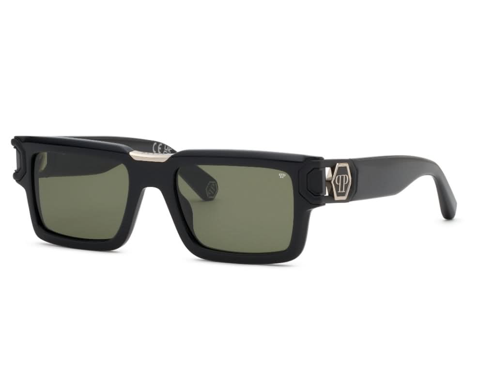 Black sunglasses with gold accents on a white background