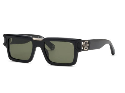 Black sunglasses with gold accents on a white background