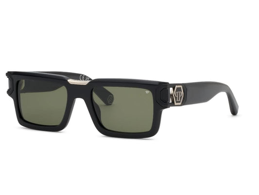 Black sunglasses with gold accents on a white background