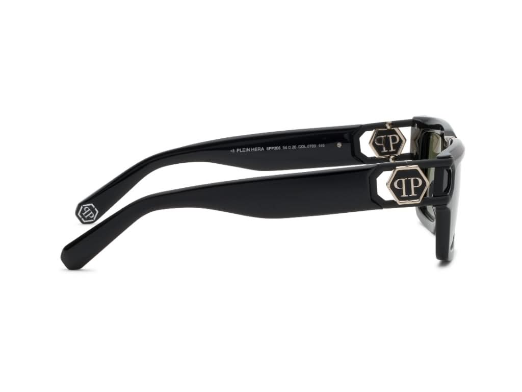 Black sunglasses with brand logo on a white background