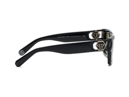 Black sunglasses with brand logo on a white background