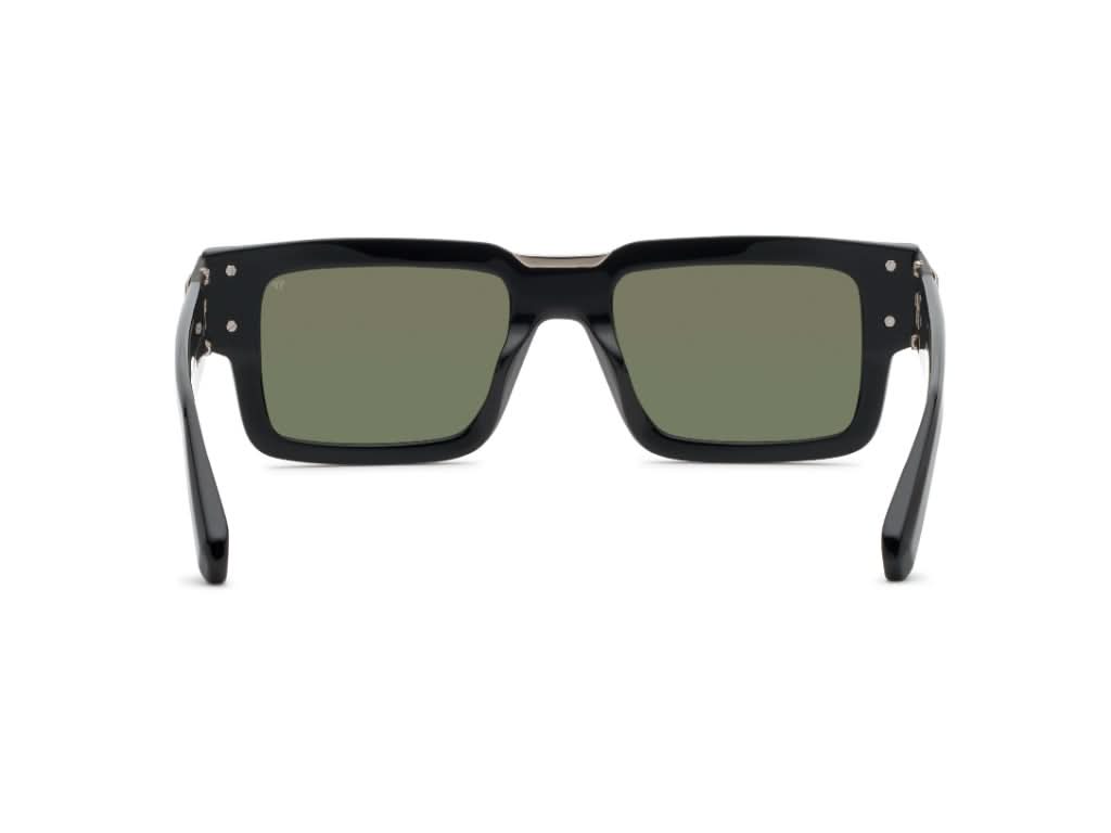 Black sunglasses with green lenses on a white background