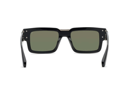 Black sunglasses with green lenses on a white background