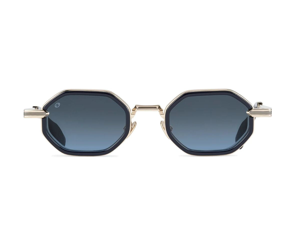 Hexagonal sunglasses with dark lenses on a white background