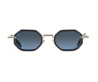 Hexagonal sunglasses with dark lenses on a white background