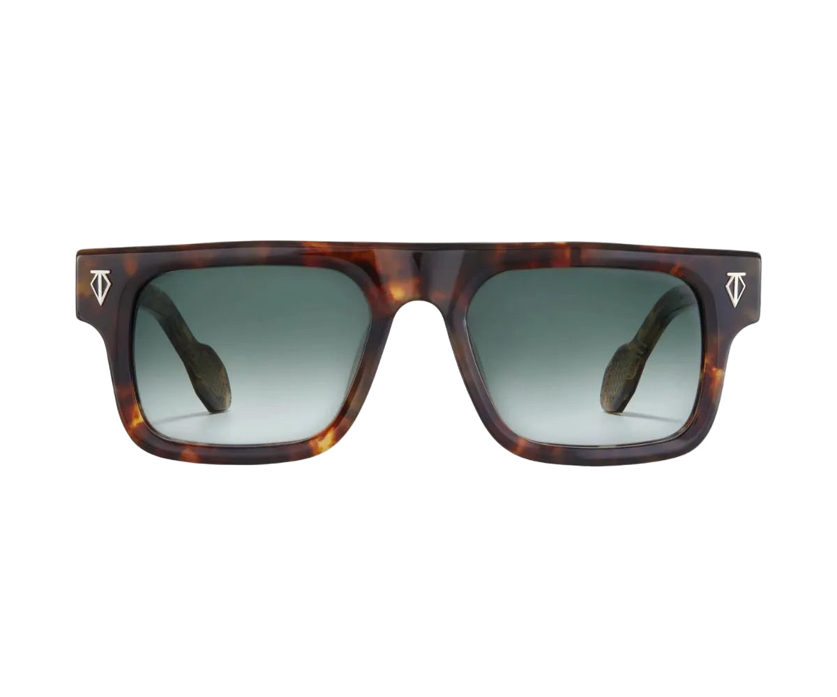 Sunglasses with tortoiseshell frame and dark lenses on a white background