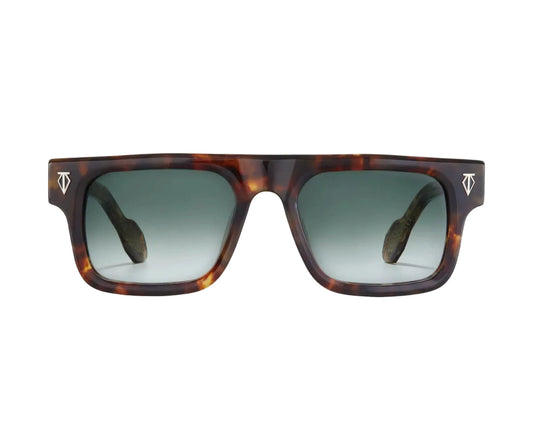 Sunglasses with tortoiseshell frame and dark lenses on a white background
