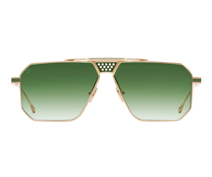 Sunglasses with gold frame and green gradient lenses on a white background