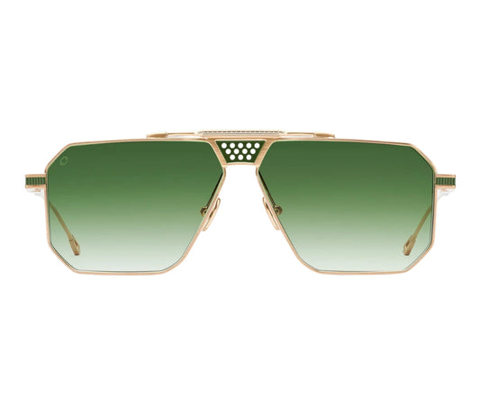 Sunglasses with gold frame and green gradient lenses on a white background
