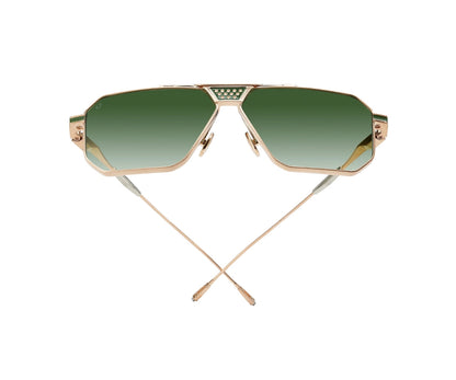 Gold-framed sunglasses with green gradient lenses on a white background