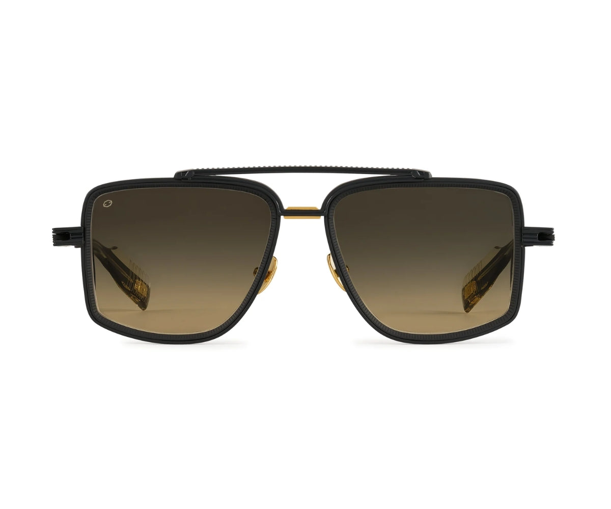 Sunglasses with black frame and brown gradient lenses on a white background