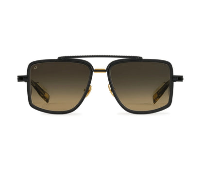 Sunglasses with black frame and brown gradient lenses on a white background