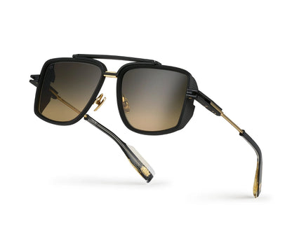 Sunglasses with black frame and gold accents on a white background