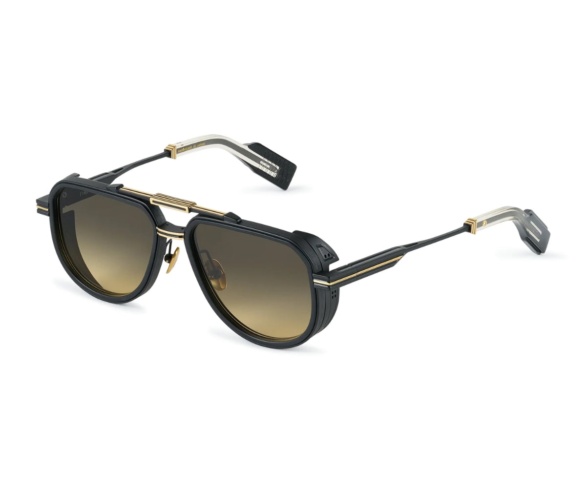 Sunglasses with black frame and gradient lenses on a white background