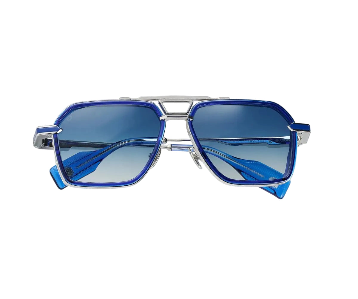 Blue sunglasses with silver frame on a white background