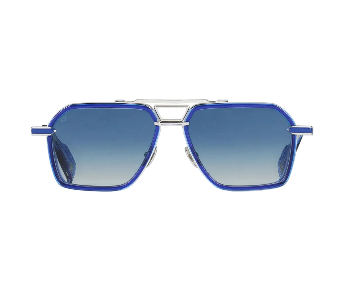 Blue sunglasses with a silver frame on a white background