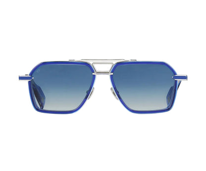 Blue sunglasses with a silver frame on a white background