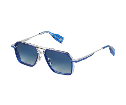 Blue sunglasses with silver frame on a white background