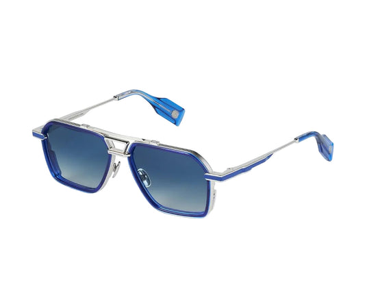 Blue sunglasses with silver frame on a white background