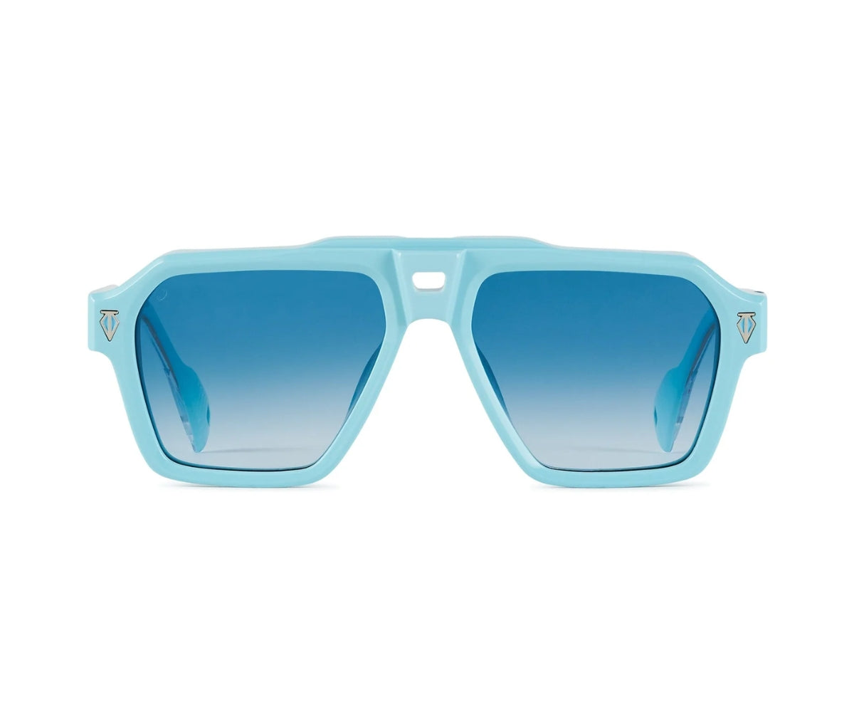 Blue gradient sunglasses with light blue frame on a white background