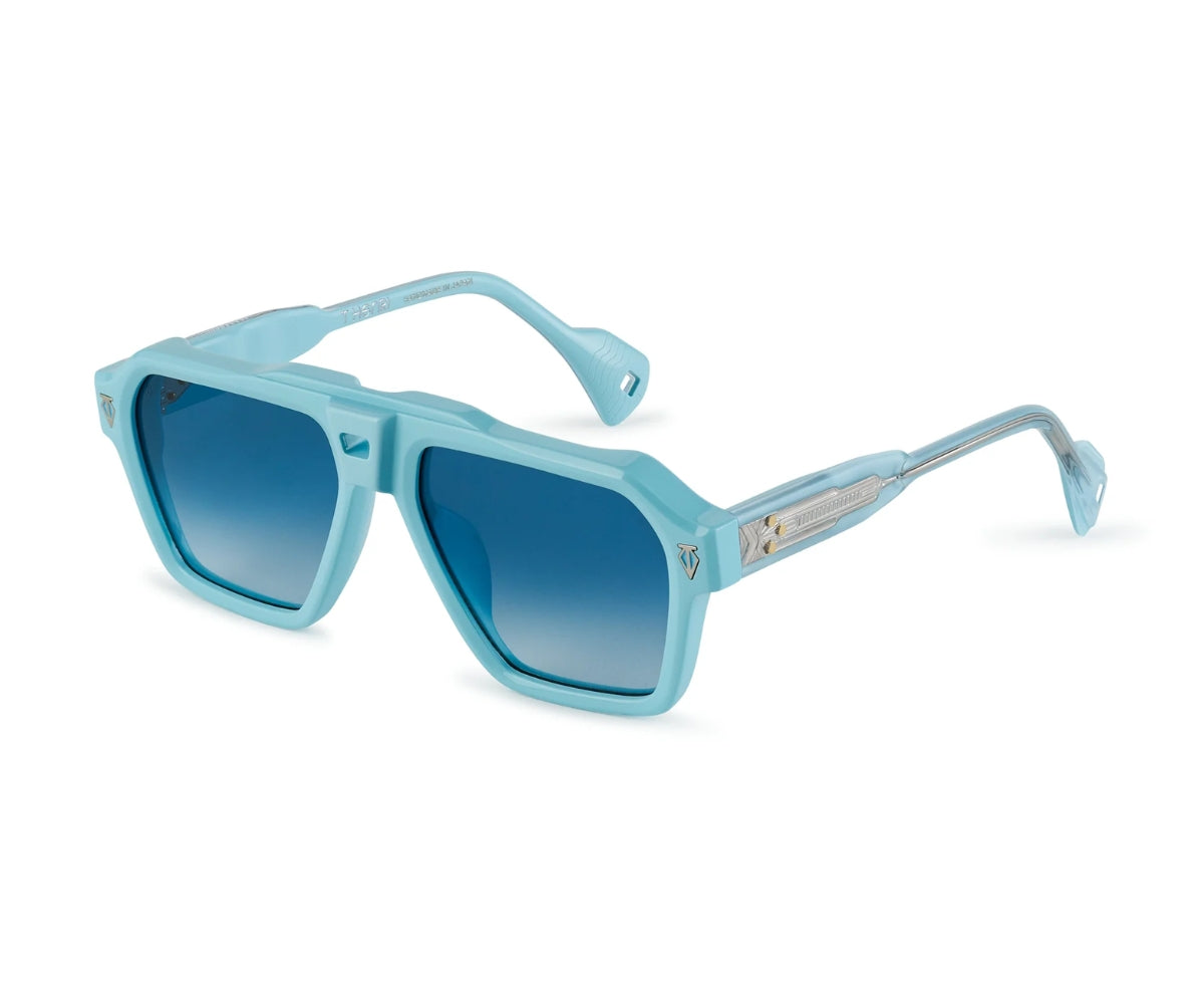 Light blue sunglasses with a gradient effect on a white background