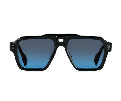 Black sunglasses with blue gradient lenses on a white background
