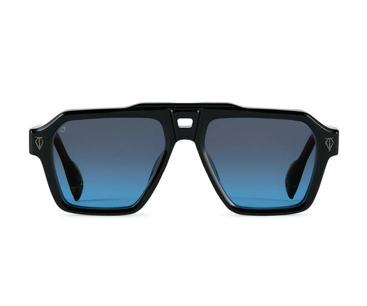 Black sunglasses with blue gradient lenses on a white background