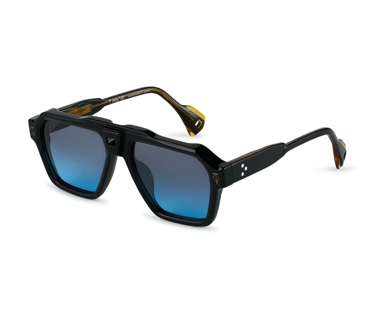 Black sunglasses with blue gradient lenses on a white background