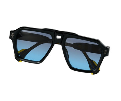 Black sunglasses with blue lenses on a white background