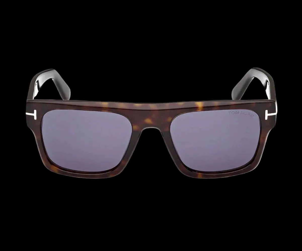 Sunglasses with tortoiseshell frame and dark lenses on a white background