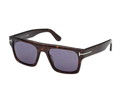 Sunglasses with tortoiseshell frame and dark lenses on a white background