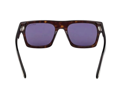 Sunglasses with tortoiseshell frame and purple lenses on a white background