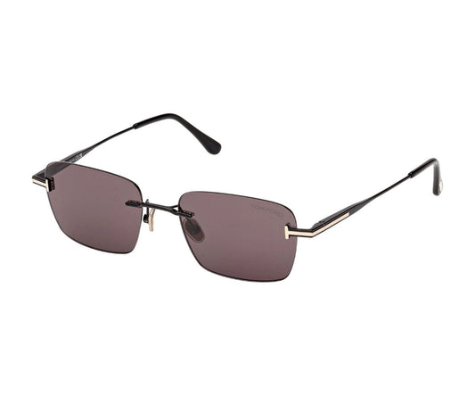 Sunglasses with thin black frame and dark lenses on a white background