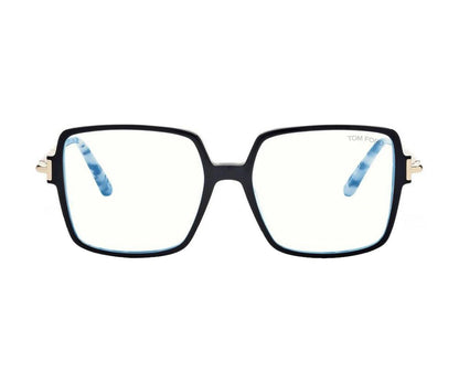 Black eyeglasses with gold accents on a white background