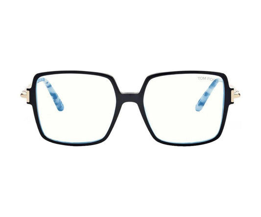 Black eyeglasses with gold accents on a white background