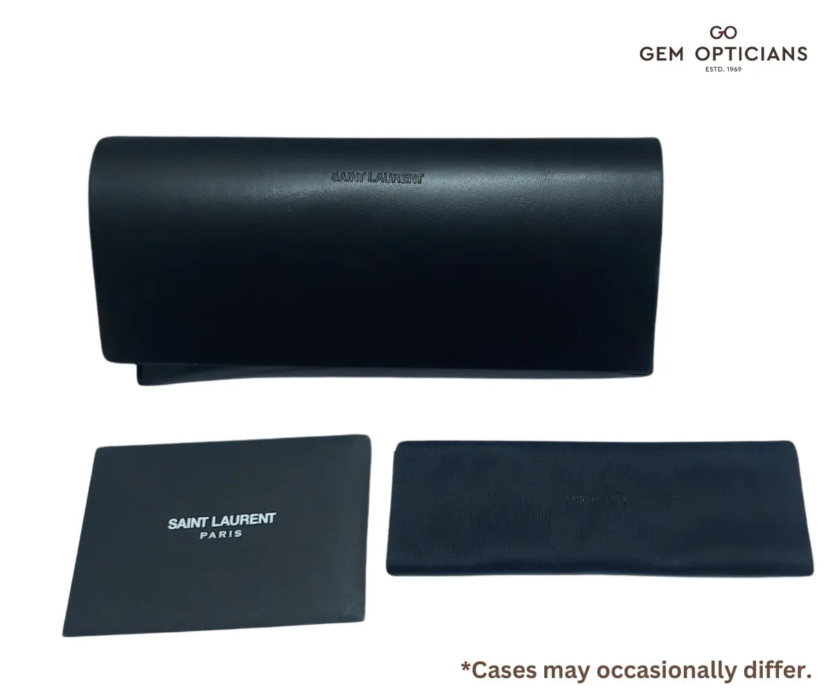 Black Saint Laurent eyewear cases on a white background