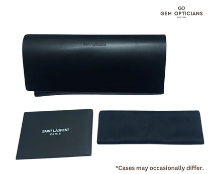 Black Saint Laurent eyewear cases on a white background