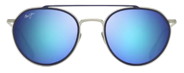 Round sunglasses with blue mirrored lenses and silver frame on a white background