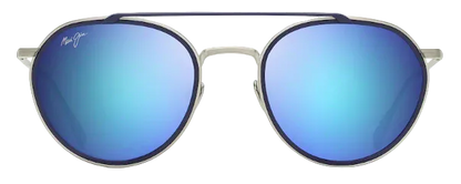Round sunglasses with blue mirrored lenses and silver frame on a white background