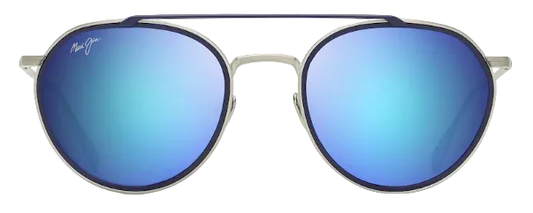 Round sunglasses with blue mirrored lenses and silver frame on a white background