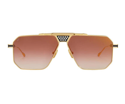 Gold-framed sunglasses with gradient lenses on a white background