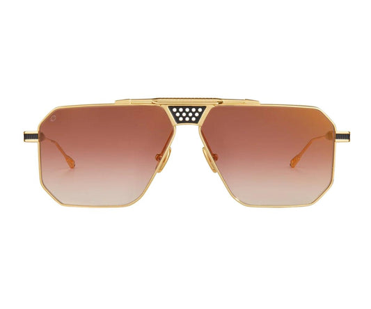Gold-framed sunglasses with gradient lenses on a white background