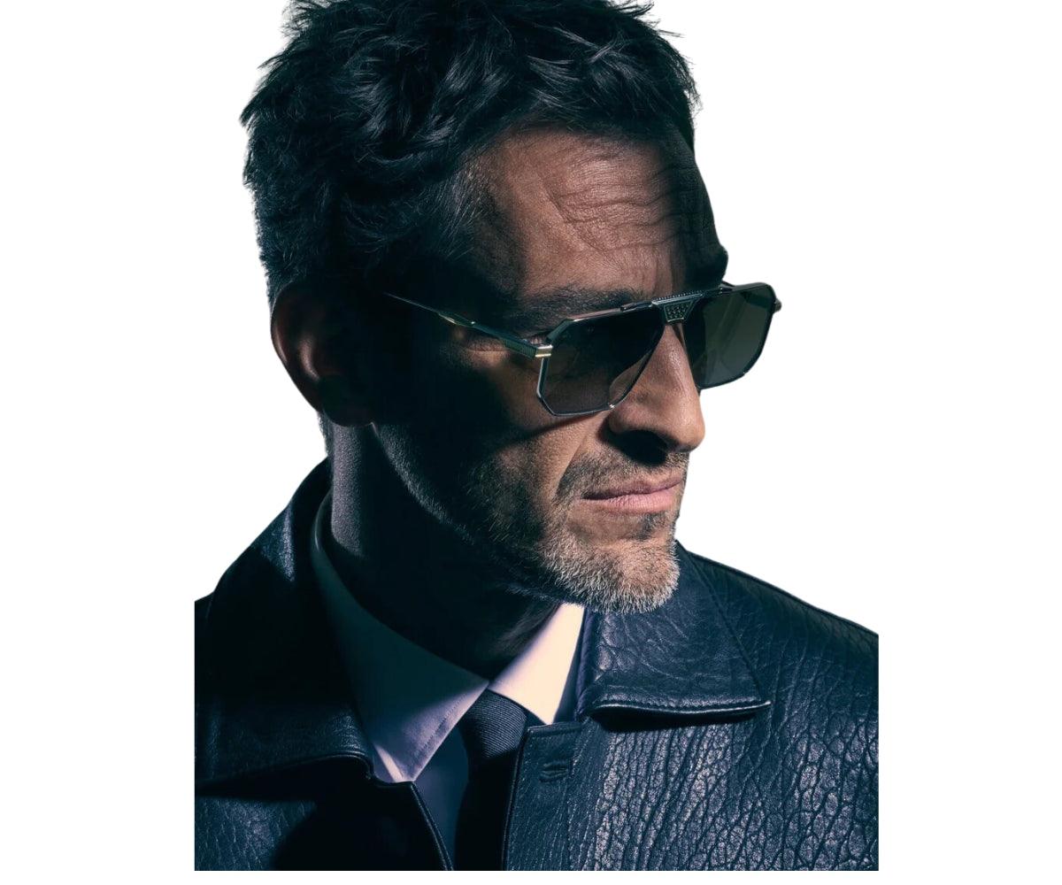 Man wearing sunglasses and a leather jacket on a white background