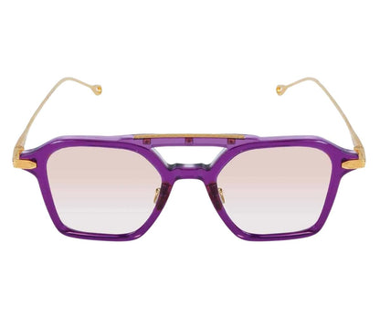 Purple sunglasses with gold accents on a white background