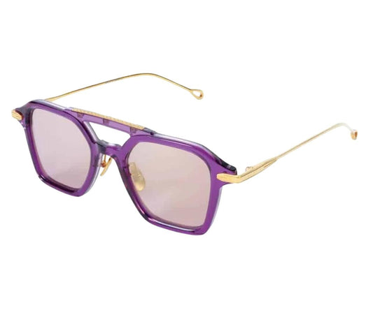 Sunglasses with purple frames and gold accents on a white background