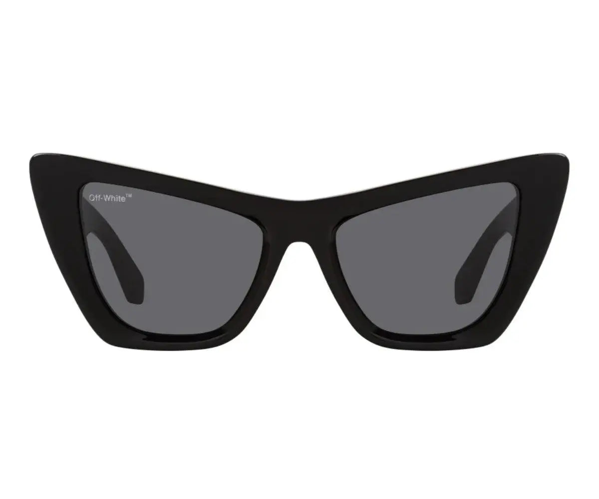 Black cat-eye sunglasses with dark lenses on a white background