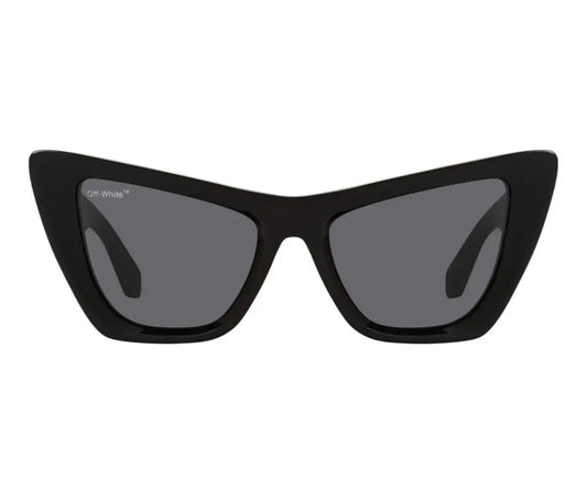 Black cat-eye sunglasses with dark lenses on a white background
