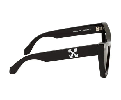 Black sunglasses with a logo on a white background