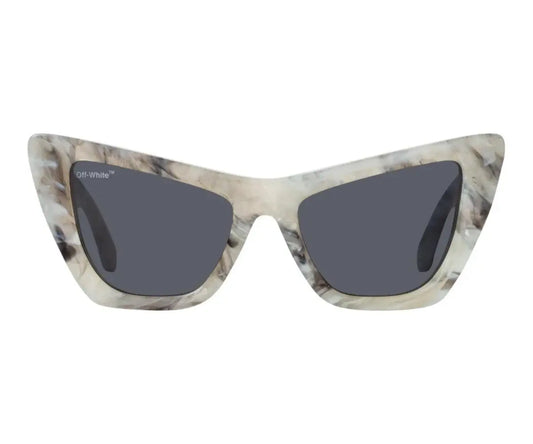 Cat-eye sunglasses with a marble pattern on a white background